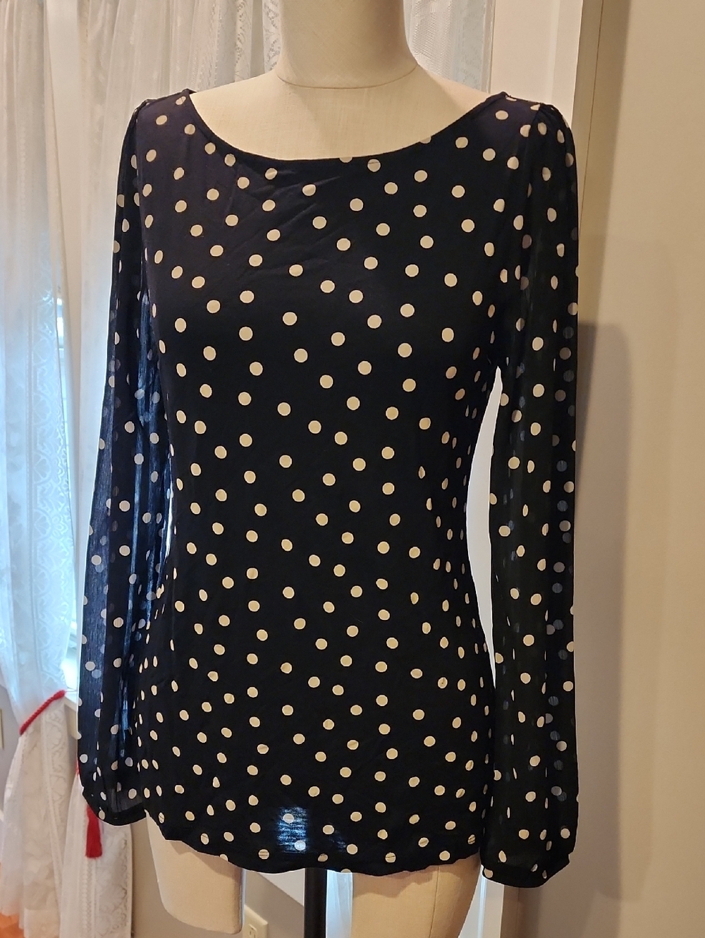 LOFT Black Top with Cream Polka Dots
